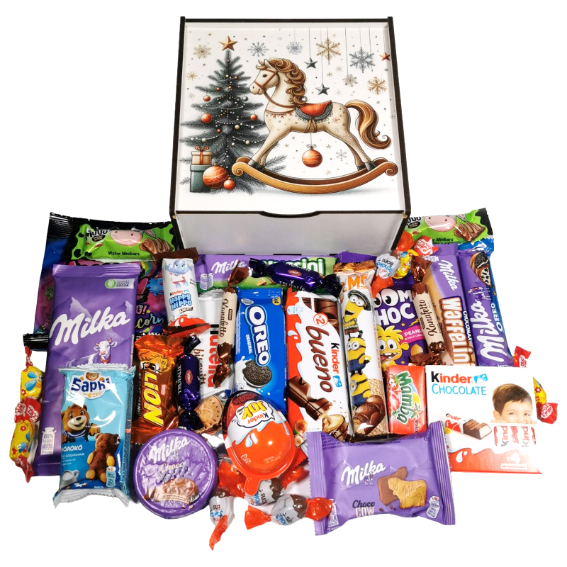 Подарунок №43-2 Milkа & Kinder"Подарунок для чемпіона" 860г (20х20х9см, у дерев'яній коробці) Унікальна цукерка